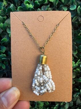 Repurposed Beaded Tassel Pendant Necklace - White Bead